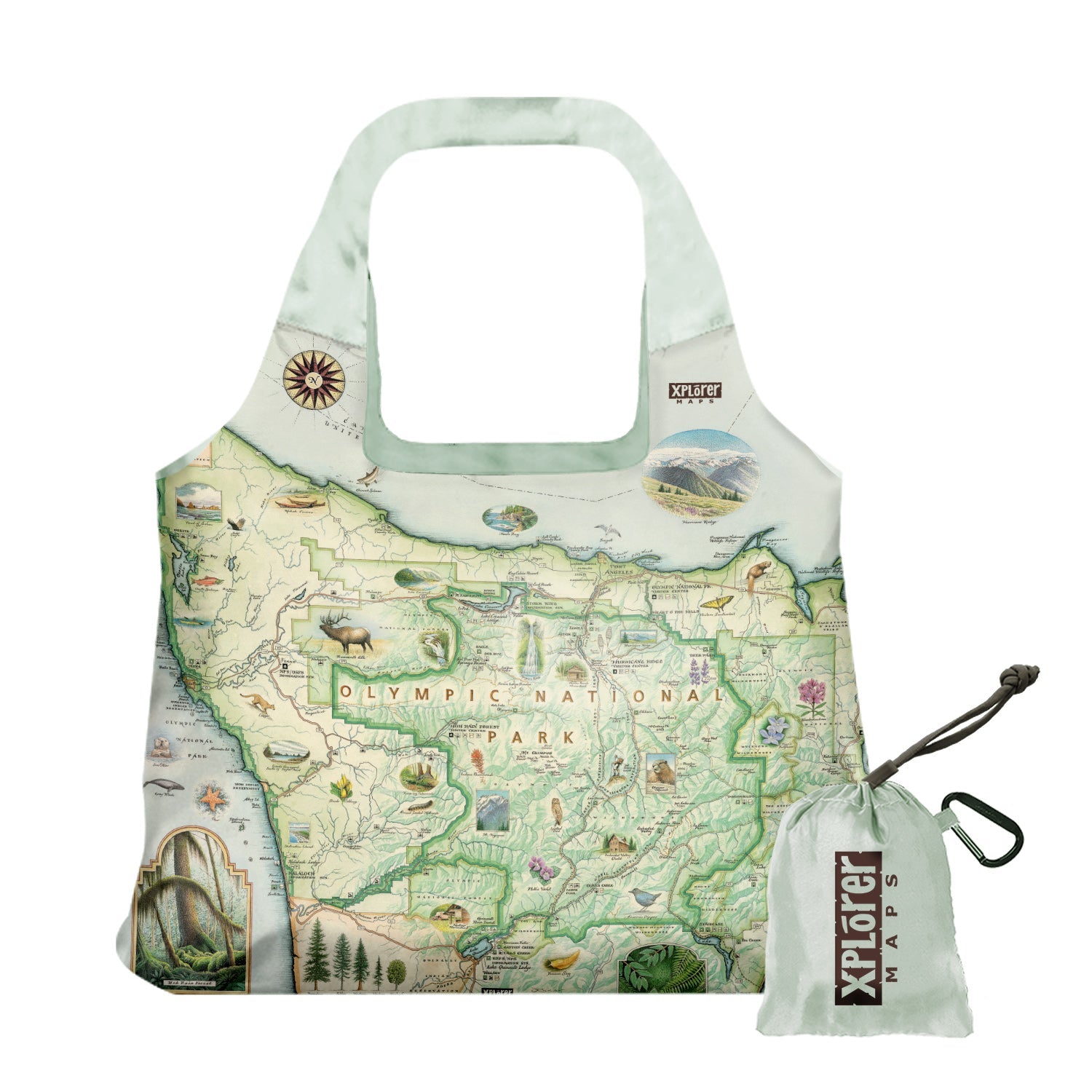 Olympic National Park Map Canvas Tote Bags by  Xplorer Maps. The map features illustrations of the park such as Enchanted Valley Chalet, Sol Duc Hot Springs Resort, Hurricane Ridge Visitor Center, and Kalaloch Lodge. Flora and fauna include sea otters, Roosevelt elk, Chinook salmon, skunk cabbage, and Flett's Violet.