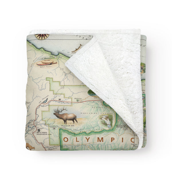 Folded Olympic National Park Blanket with unique map. Hand drawn and painted map. Warm blanket.
