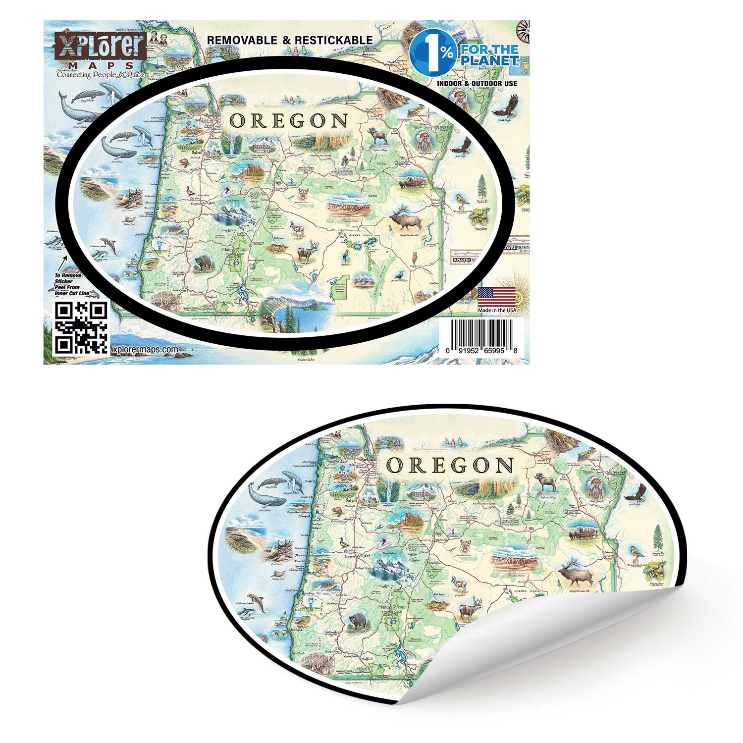 Oregon State Map Sticker by Xplorer Maps. The map features illustrations such as Hells Canyon Snake River, the Columbia River Gorge, Multnomah Falls, and Crater Lake. Flora and fauna include blue whales, big horn sheep, Dungeness crab, Oregon grape, and Douglas Fir. Some cities depicted are Portland, Hood River, Cannon Beach, and Seaside. 