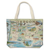 Oregon State Map Canvas Tote Bags by Xplorer Maps. The map features illustrations such as Hells Canyon Snake River, the Columbia River Gorge, Multnomah Falls, and Crater Lake. Flora and fauna include blue whale, big horn sheep, Dungeness crab, Oregon grape, and Douglas Fir.