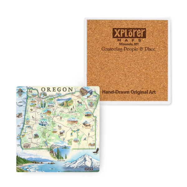 4"x4" Oregon Map Ceramic Coasters by Xplorer Maps. The map features illustrations such as Hells Canyon Snake River, the Columbia River Gorge, Multnomah Falls, and Crater Lake. Flora and fauna include blue whales, big horn sheep, Dungeness crab, Oregon grape, and Douglas Fir. Some cities depicted are Portland, Hood River, Cannon Beach, and Seaside. 