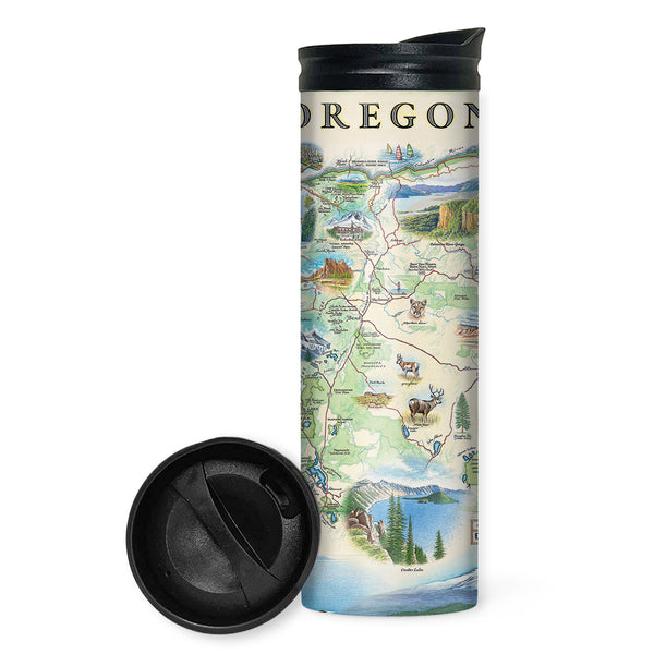 Oregon State Map 16 oz Travel bottle in green and blue. Featuring deer, mountains, lakes. antelope, Portland, Hood River, Columbia River Gorge, Mount Hood, and Crater Lake. 