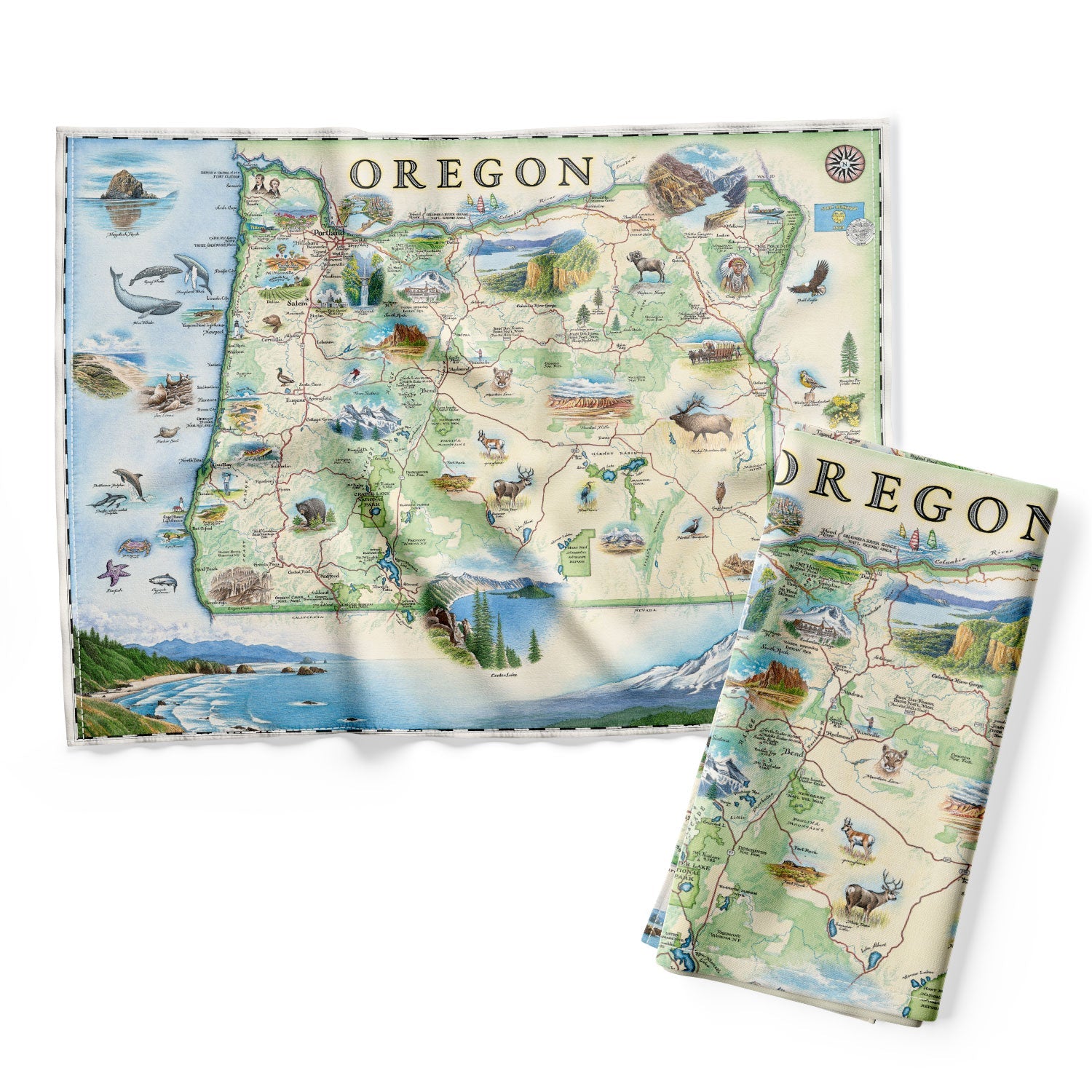 Oregon Kitchen Dishwashing Towel in earth tones of greens and blues. Features illustrations such as Hells Canyon Snake River, the Columbia River Gorge, Multnomah Falls, and Crater Lake. Flora and fauna include the blue whale, big horn sheep, Dungeness crab, Oregon grape, and Douglas Fir. 