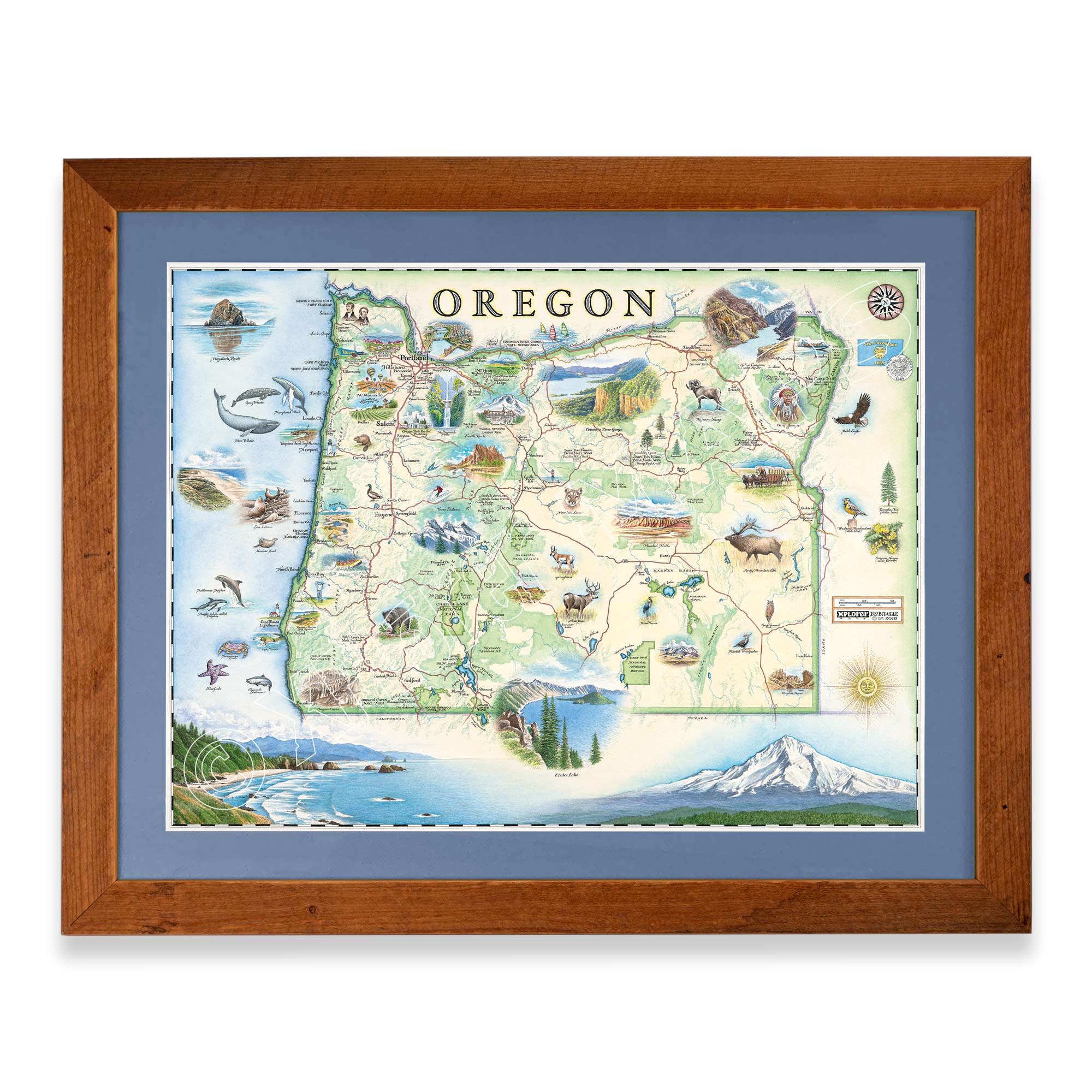 Oregon State framed hand-drawn map. The print is framed in  Montana Flathead Lake Larch with a blue mat.  