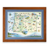 Oregon State framed hand-drawn map. The print is framed in  Montana Flathead Lake Larch with a blue mat.  
