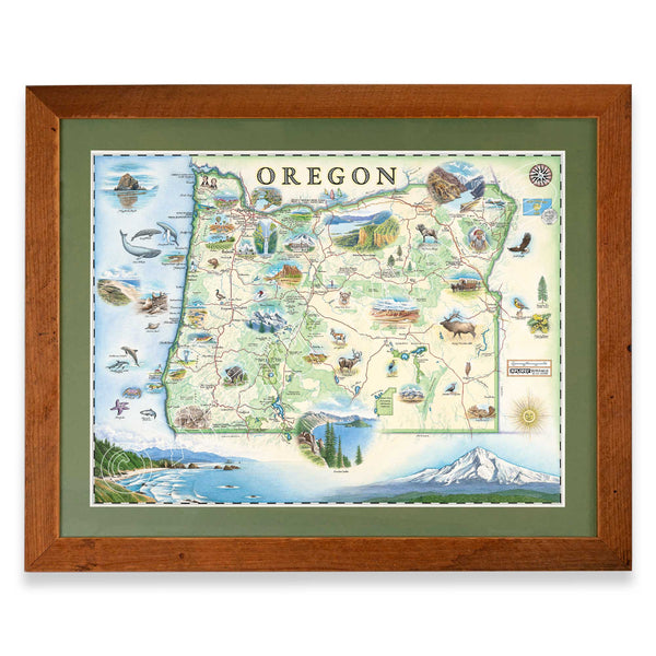 Oregon State framed hand-drawn map. The print is framed in  Montana Flathead Lake Larch with a green mat. 