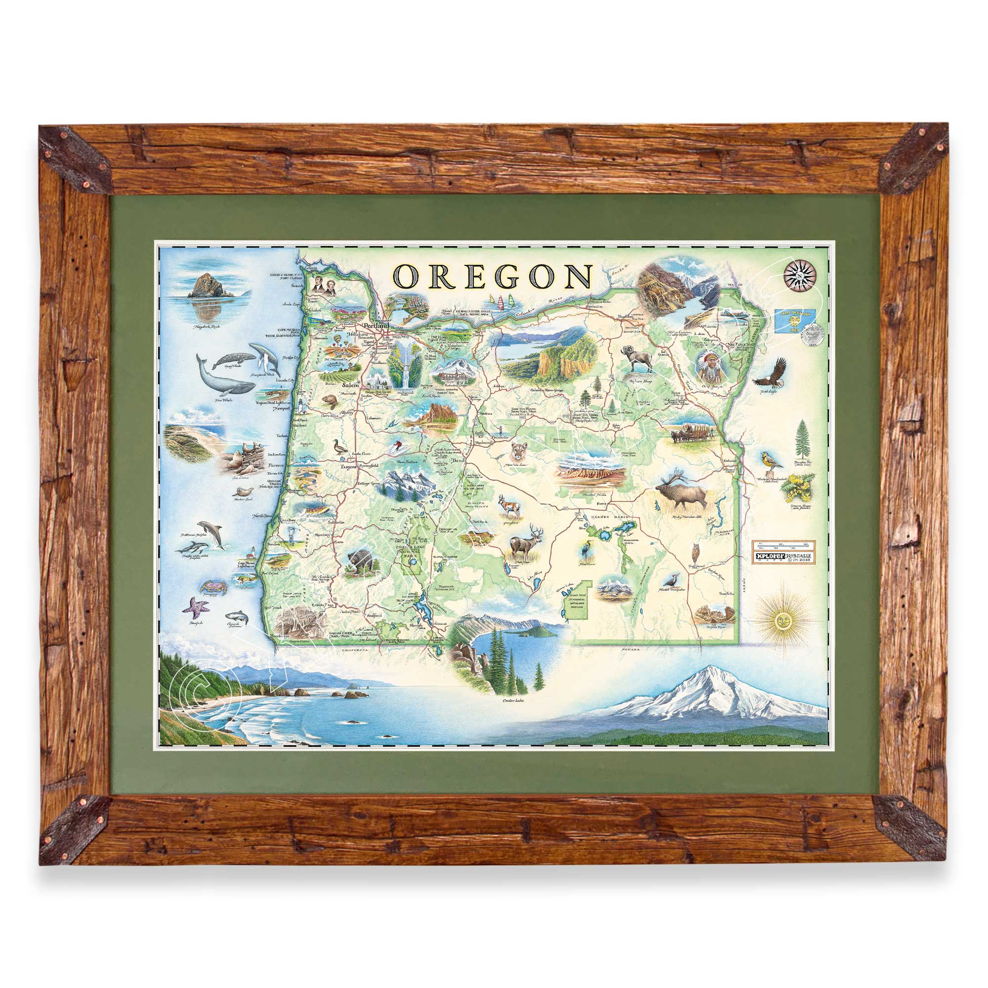 Oregon State hand-drawn map in earth tones blues and greens. The map print is framed in Montana hand-scraped pine with a green mat.