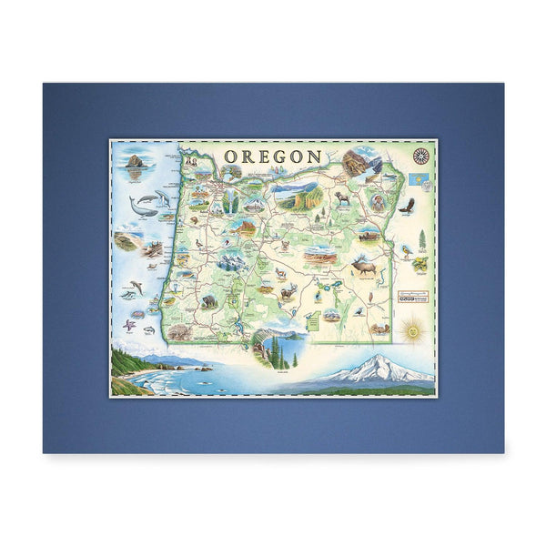 Oregon State Mini-Map by Xplorer Maps in earth tones green and blue. The map features illustrations such as Hells Canyon Snake River, the Columbia River Gorge, Multnomah Falls, and Crater Lake. Flora and fauna include blue whale, big horn sheep, Dungeness crab, Oregon grape, and Douglas Fir.