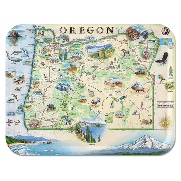 A handcrafted birchwood serving tray featuring a hand-illustrated map of Oregon by artist Chris Robitaille, with a durable matte melamine finish.