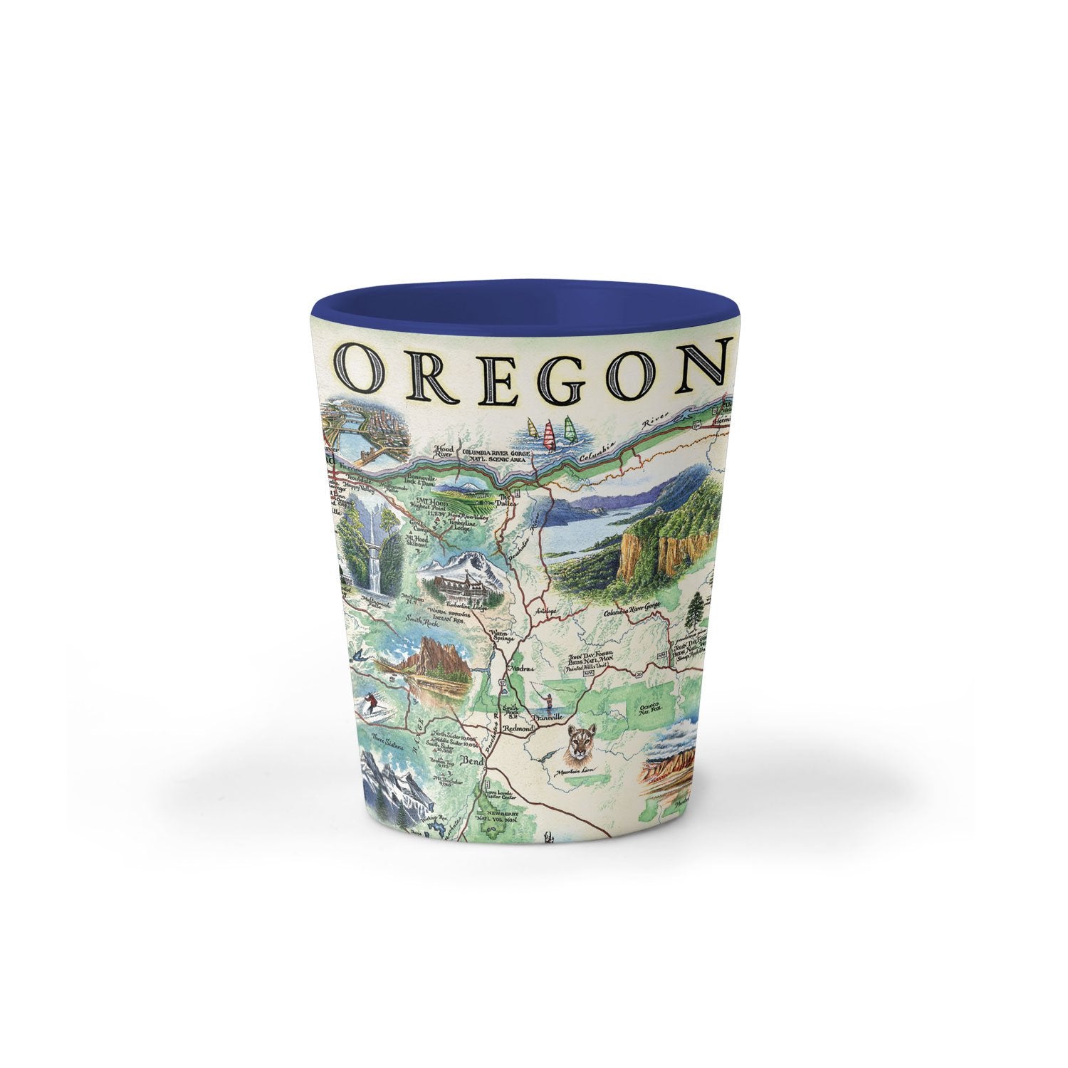 Oregon Map Ceramic shot glass by Xplorer Maps. The map features illustrations such as Hells Canyon Snake River, the Columbia River Gorge, Multnomah Falls, and Crater Lake. Flora and fauna include blue whales, big horn sheep, Dungeness crab, Oregon grape, and Douglas Fir. Some cities depicted are Portland, Hood River, Cannon Beach, and Seaside. 