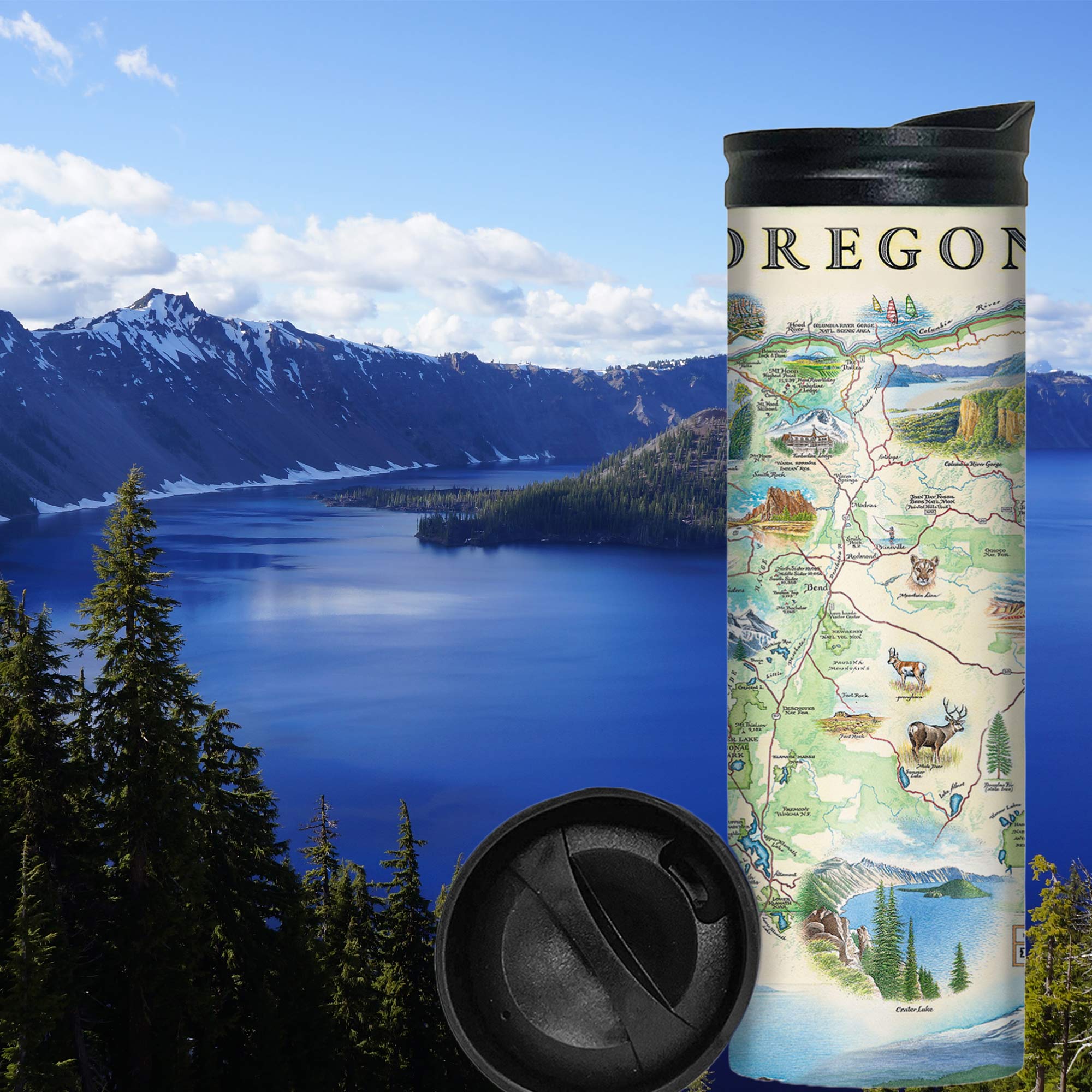 Oregon Travel Mug thermos with snowed capped mountains, Crater Lake, and Forest in the background. 