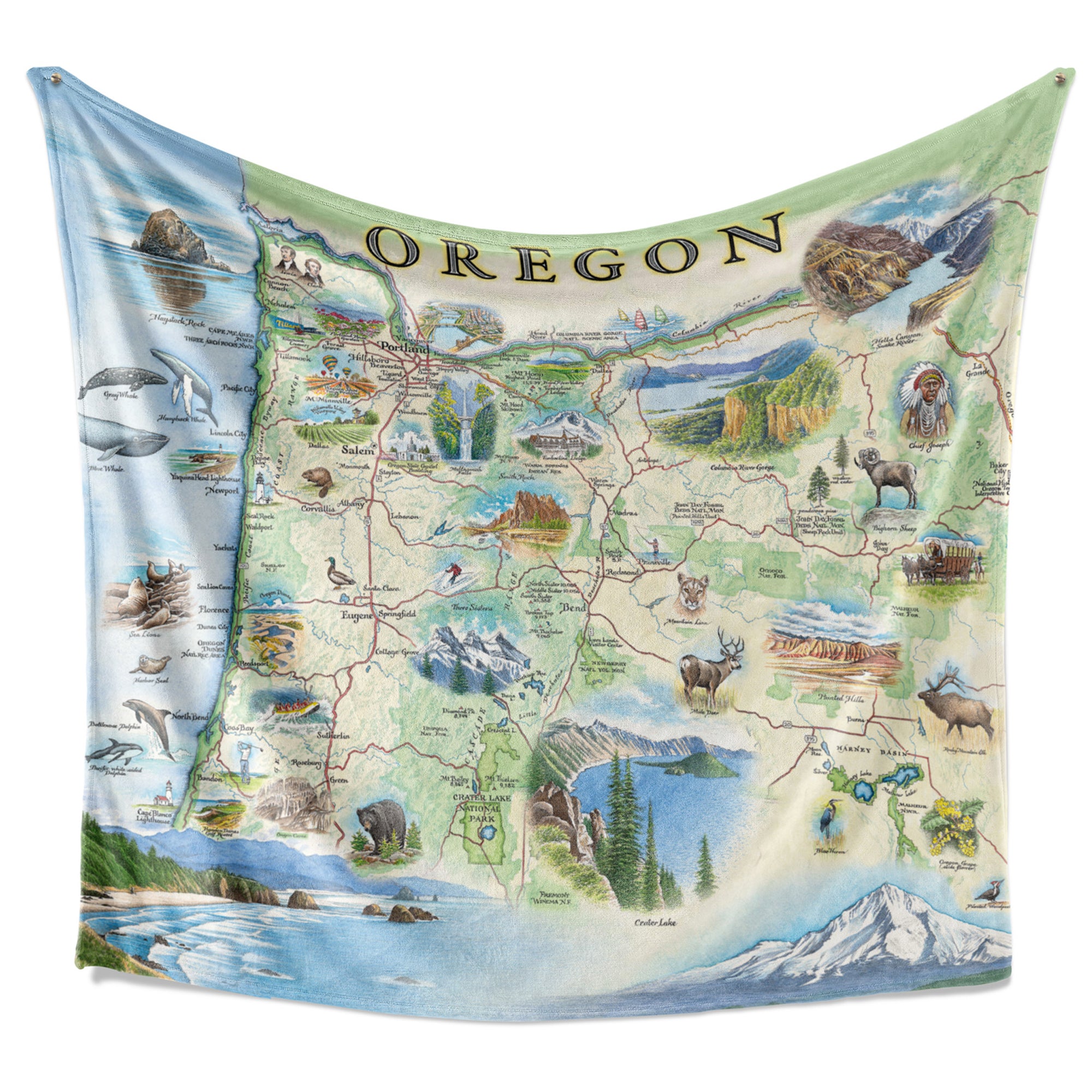 Hanging Oregon fleece blanket. Hand-drawn artistic map of Oregon. Blanket measures 58