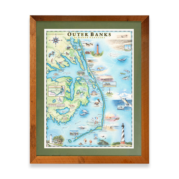 North Carolina's Outer Banks (OBX) hand-drawn map in earth tones blues and greens. The map print is framed in reclaimed Montana Flathead Lake Larch with green mat. 