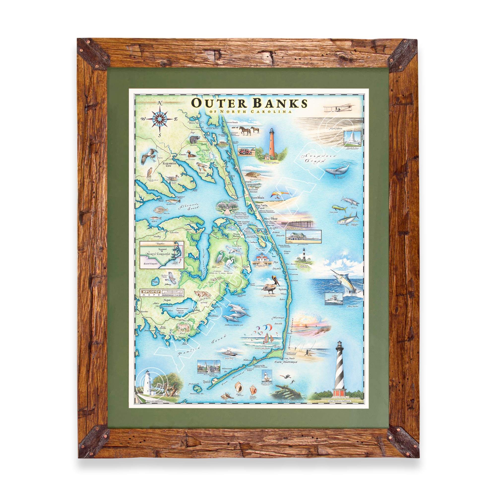 North Carolina's Outer Banks (OBX) hand-drawn map in earth tones blues and greens. The map print is framed in Montana hand-scraped pine with green mat.