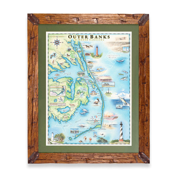 North Carolina's Outer Banks (OBX) hand-drawn map in earth tones blues and greens. The map print is framed in Montana hand-scraped pine with green mat.