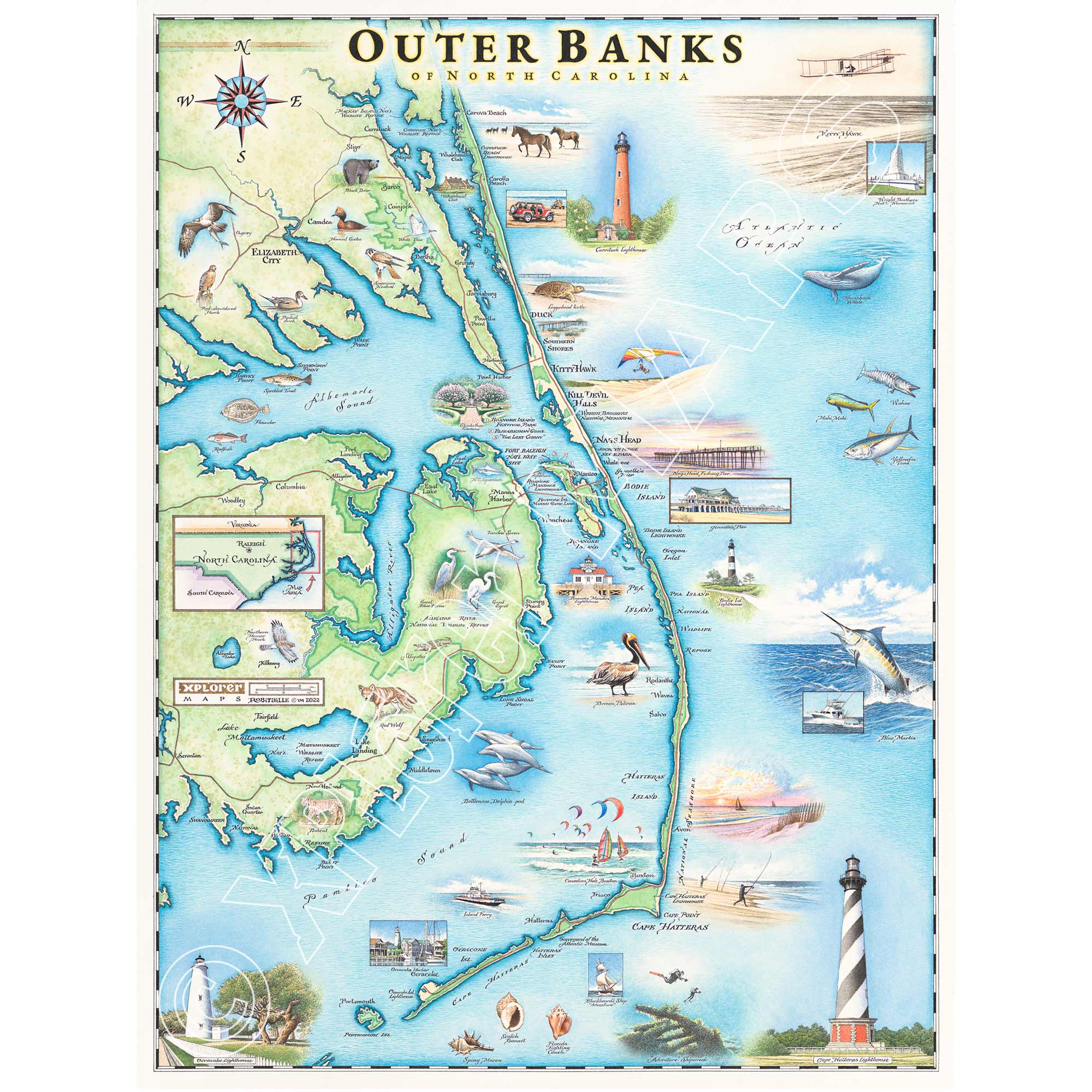 Hand-drawn map of North Carolina's Outer Banks (OBX) in earth tones, blues, and greens. The print showcases coastal elements, including beaches, lighthouses, the Graveyard of the Atlantic Museum, ships, islands, seabirds, fish, sailboats, a Blue Marlin, turtle, bear, and wild horses on Corolla Beach.