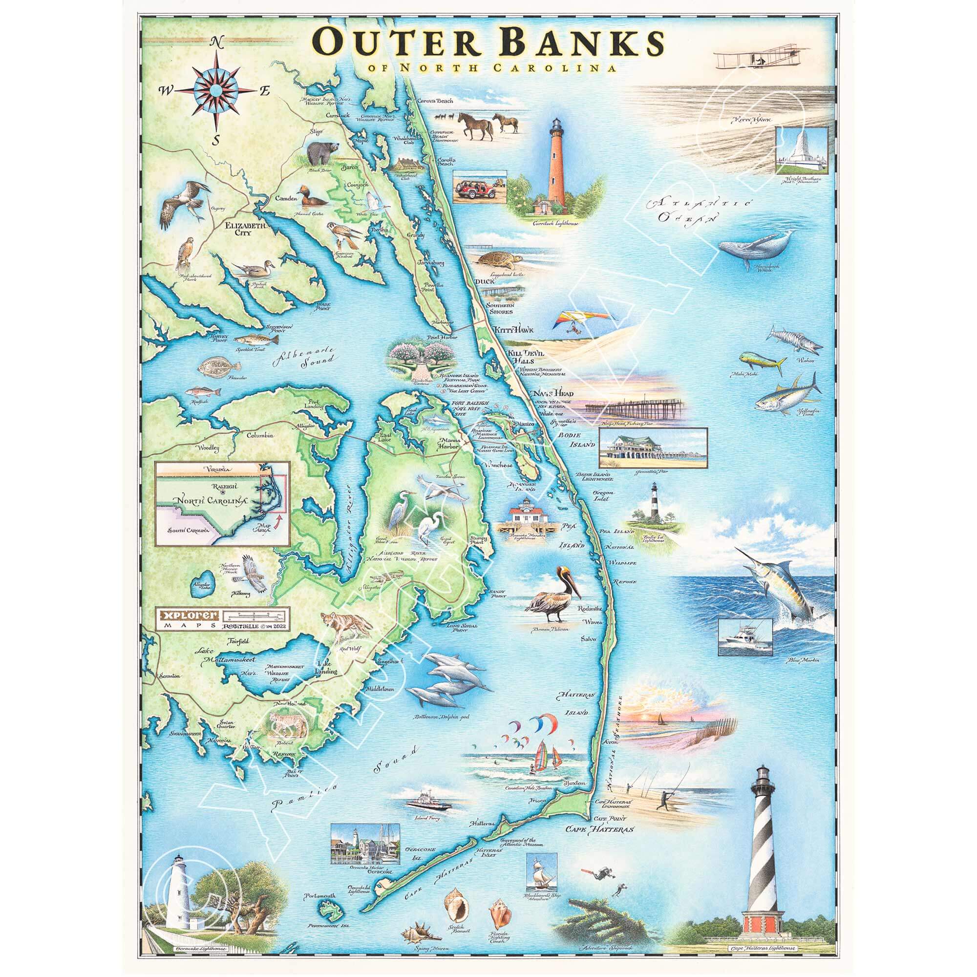 Hand-drawn map of North Carolina's Outer Banks (OBX) in earth tones, blues, and greens. The print showcases coastal elements, including beaches, lighthouses, the Graveyard of the Atlantic Museum, ships, islands, seabirds, fish, sailboats, a Blue Marlin, turtle, bear, and wild horses on Corolla Beach.