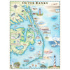North Carolina's Outer Banks (OBX) hand-drawn map in earth tones blues and greens. The map print features beaches, lighthouses, Graveyard of the Atlantic Museum, ships, islands, seabirds, fish, sailboats, Blue Marlin, turtle, bear, and wild horses on Corolla Beach.