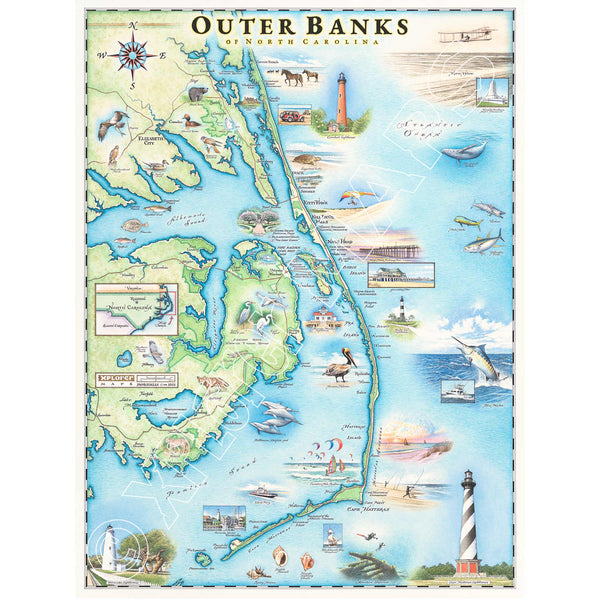 North Carolina's Outer Banks (OBX) hand-drawn map in earth tones blues and greens. The map print features beaches, lighthouses, Graveyard of the Atlantic Museum, ships, islands, seabirds, fish, sailboats, Blue Marlin, turtle, bear, and wild horses on Corolla Beach.