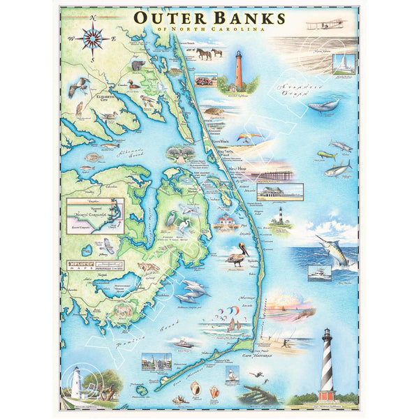 Hand-drawn map of North Carolina's Outer Banks (OBX) in earth tones, blues, and greens. The print showcases coastal elements, including beaches, lighthouses, the Graveyard of the Atlantic Museum, ships, islands, seabirds, fish, sailboats, a Blue Marlin, turtle, bear, and wild horses on Corolla Beach.