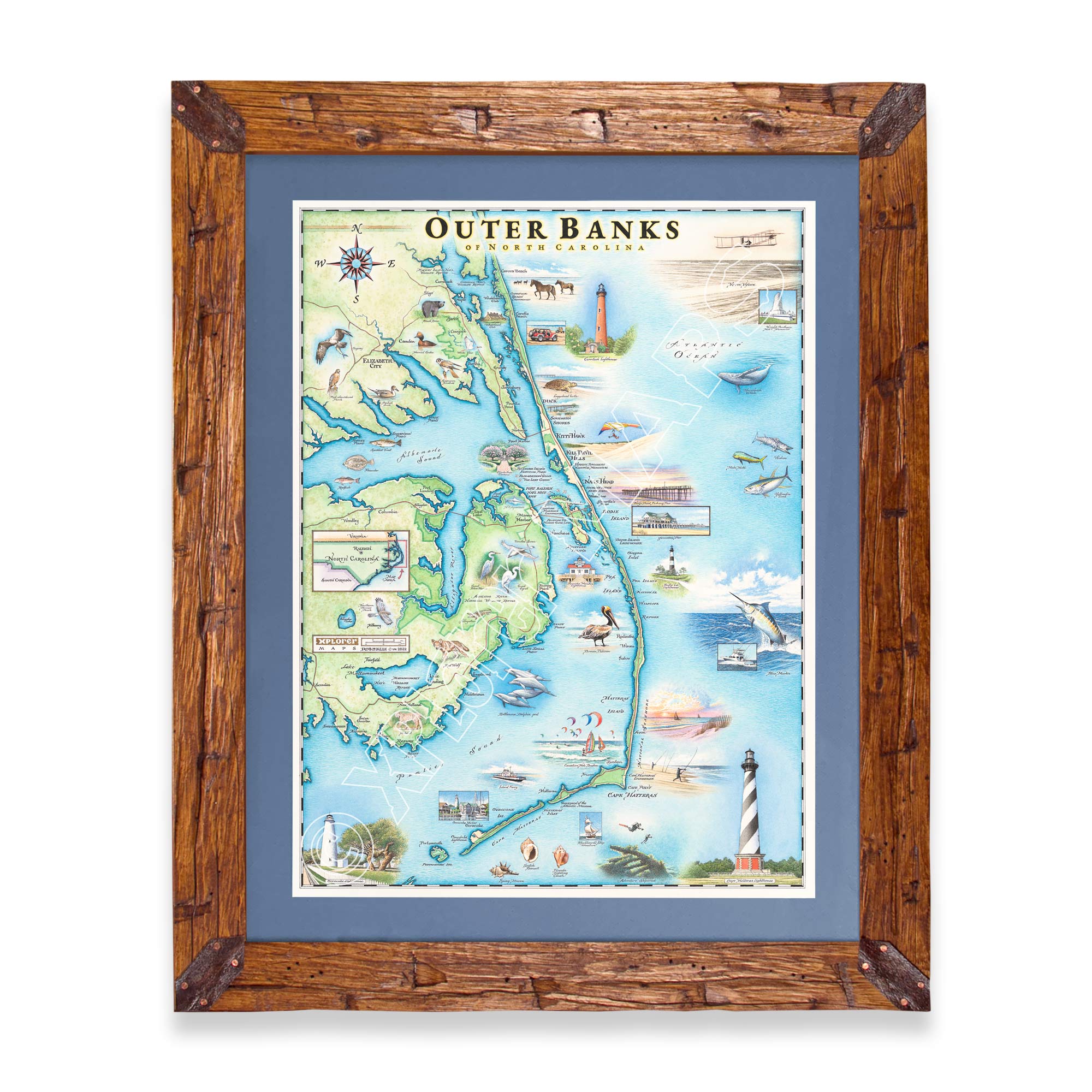 North Carolina's Outer Banks (OBX) hand-drawn map in earth tones blues and greens. The map print is framed in Montana hand-scraped pine with blue mat.