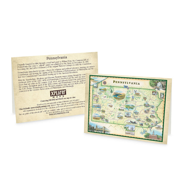 Pennsylvania state map blank notecards. Features illustrations of places like Hershey park, the state capitol building, Valley Forge, Philadelphia, and the Allegheny National Forest. Includes groundhog Punxsutawney Phil, Brook trout, white-tail deer, and 