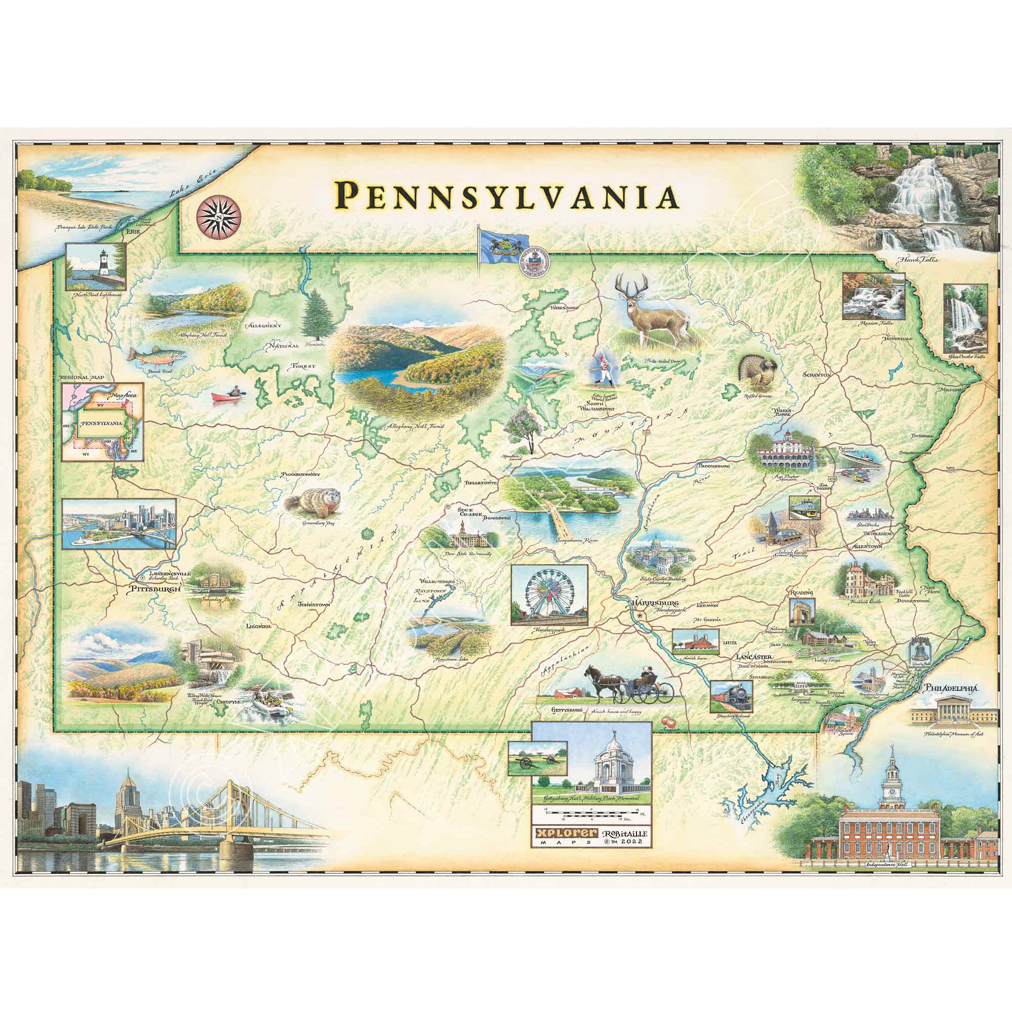 Pennsylvania state hand-drawn map in earth tones green and beige. The map features illustrations of places like Hershey park, the state capitol building, Valley Forge, Philadelphia, the Allegheny National Forest. Flora and fauna include groundhog Punxstawny Phil, Brook trout, white tail deer, and mountain laurel. Measures 24x18.