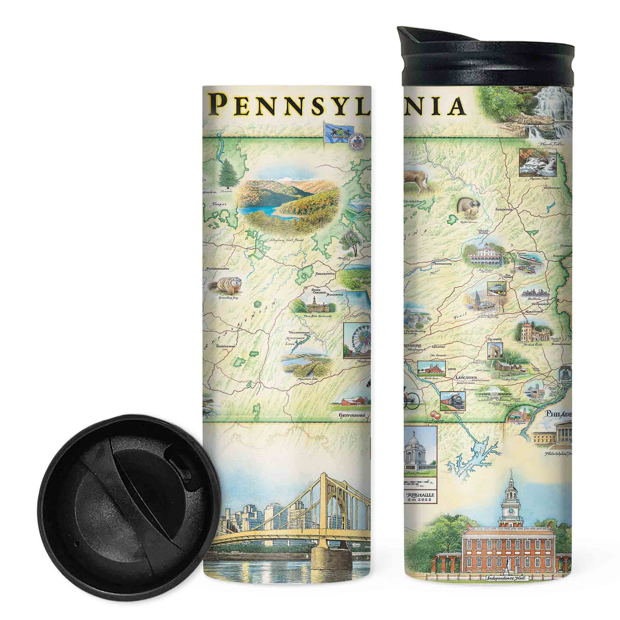 Pennsylvania State Map 16 oz Travel Bottle front and back in neutral colors and green. Featuring Hershey Park, Lancaster, Lake Erie, Amish, Gettysburg Philadelphia, and Pittsburg.