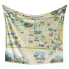 Hanging fleece blanket with the map of Pennsylvania on it. Hand-drawn artistic map featuring Pittsburgh, Philadelphia, Pocono Mountains, Amish Buggy, and Independence National Hall. 