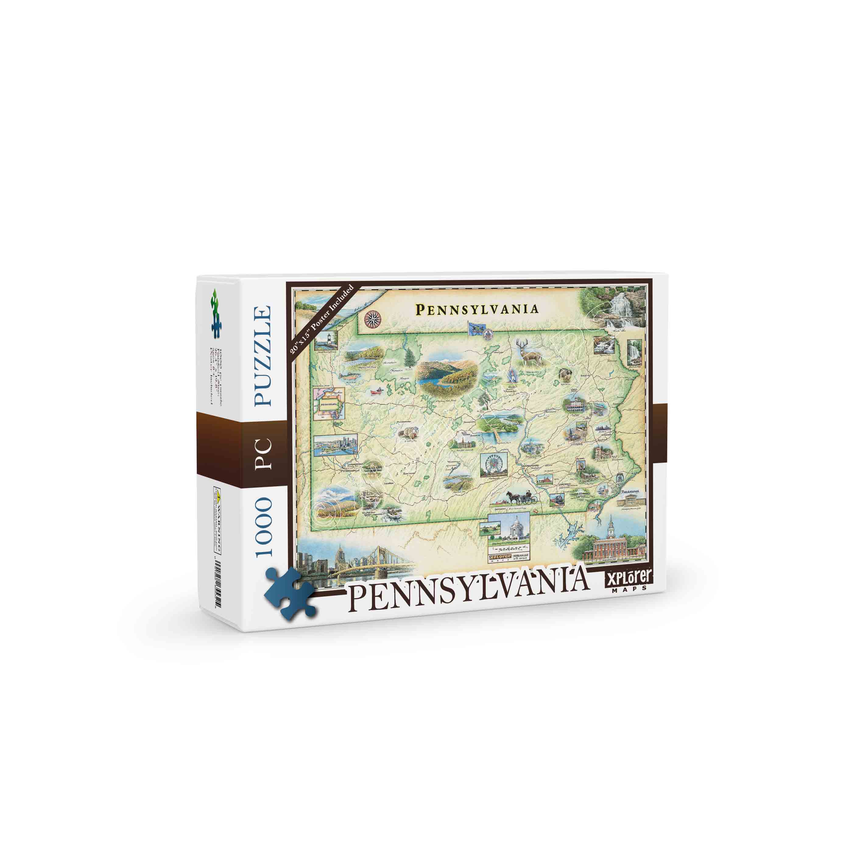 Pennsylvania State Jigsaw Puzzle by Xplorer Maps. Features illustrations of places like Hershey Park, Valley Forge, Philadelphia, and the Allegheny National Forest. Flora and fauna include Punxsutawney Phil and mountain laurel.