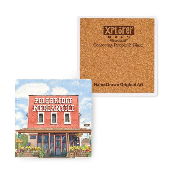 4"x4" ceramic coaster of Polebridge Mercantile Coaster in Montana near Glacier National Park. The hand-drawn image of the red mercantile building is liefelike with blue skys in the background. 