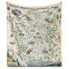 Hanging blanket with artist-drawn and painted map of Rocky Mountain National Park. 