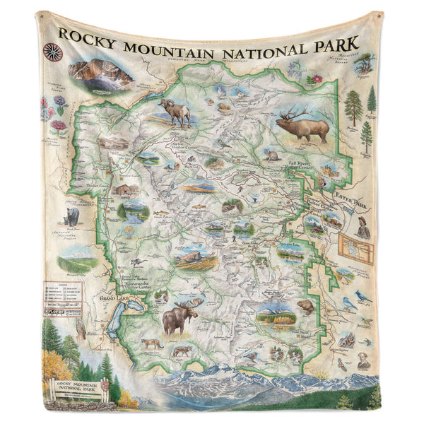 Hanging blanket with artist-drawn and painted map of Rocky Mountain National Park. 