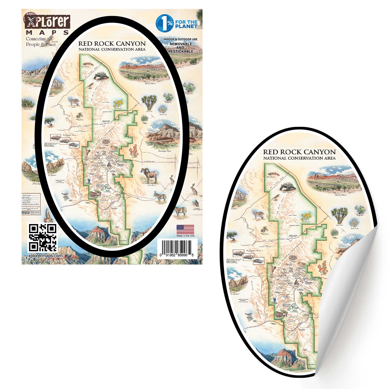 Red Rock Canyon National Conservation Area Map Stickers - Xplorer Maps. The map features illustrations of places such as Mt. Willson, Rainbow Mountain, Bridge Mountain, and Spring Mountain Ranch. Flora and fauna include a red tail hawk, desert Bighorn, Globemallow, Joshua tree, and Prickly pear cactus.