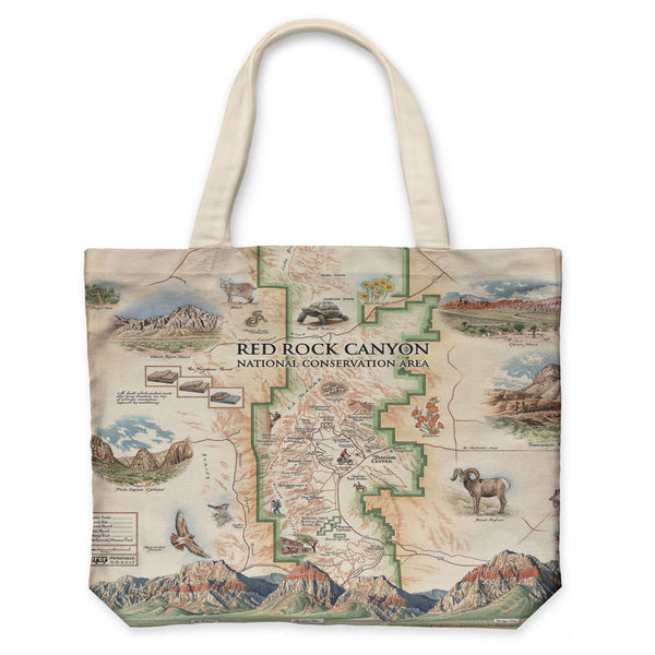 Red Rock Canyon National Conservation Area Map Canvas Tote Bags by Xplorer Maps. The map features illustrations of places such as Mt. Willson, Rainbow Mountain, Bridge Mountain, and Spring Mountain Ranch. Flora and fauna include a red tail hawk, desert Bighorn, Globemallow, Joshua tree, and Prickly pear cactus.
