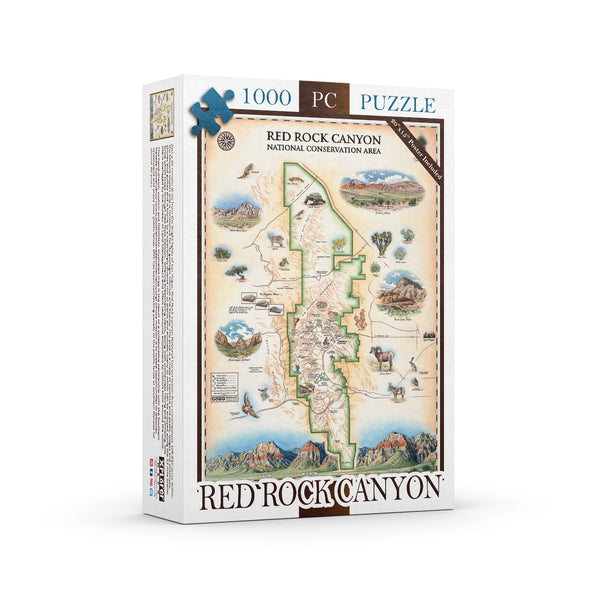 Red Rock National Park Map Jigsaw Puzzle by Xplorer Maps. Features illustrations of places such as Mt. Willson, Rainbow Mountain, Bridge Mountain, and Spring Mountain Ranch. Flora and fauna include a red tail hawk, desert Bighorn, Globemallow, Joshua tree, and Prickly pear cactus.