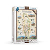 Red Rock National Park Map Jigsaw Puzzle by Xplorer Maps. Features illustrations of places such as Mt. Willson, Rainbow Mountain, Bridge Mountain, and Spring Mountain Ranch. Flora and fauna include a red tail hawk, desert Bighorn, Globemallow, Joshua tree, and Prickly pear cactus.