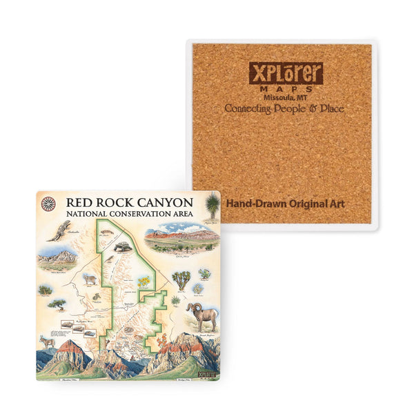 4"x4" Red Rock Canyon National Conservation Area Map Ceramic Coasters by Xplorer Maps. The map features illustrations of places such as Mt. Willson, Rainbow Mountain, Bridge Mountain, and Spring Mountain Ranch. Flora and fauna include a red tail hawk, desert Bighorn, Globemallow, Joshua tree, and Prickly pear cactus.