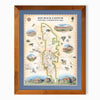 Red Rock Canyon National Recreation Area hand-drawn map in earth tones blues and greens. The map print is framed in reclaimed Montana Flathead Lake Larch with a blue mat. 
