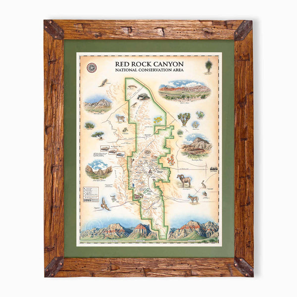 Red Rock Canyon National Recreation Area hand-drawn map in earth tones blues and greens. The map print is framed in Montana hand-scraped pine with a green mat.