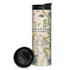 Red Rock Canyon National Conservation Area Map 16 oz Travel Drinkware in earth tone colors. The map features illustrations of places such as Mt. Willson, Rainbow Mountain, Bridge Mountain, Mojave Desert, and Spring Mountain Ranch. Flora and fauna include a red tail hawk, desert Bighorn, Globemallow, Joshua tree, and Prickly pear cactus.