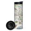 Rocky Mountain National Park Map 16 oz Travel Bottle in earth tones and blue. The map features illustrations of places like Trail Ridge Road, Mount Ganby, Estes Park, and the Alpine Visitor Center. Flora and fauna include bobcats, snowshoe hares, Indian paintbrushes, and wild roses. 