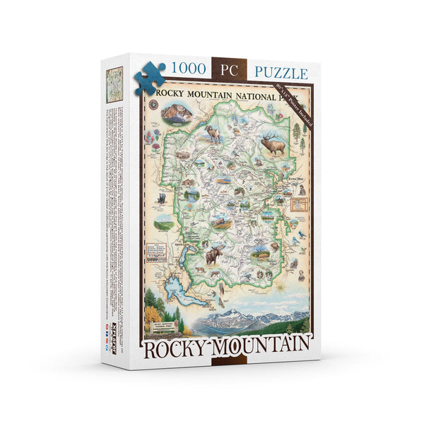 Rocky Mountain National Park Map Jigsaw Puzzle by Xplorer Maps. Features illustrations of places like Trail Ridge Road, Mount Ganby, Estes Park, and the Alpine Visitor Center. Flora and fauna include bobcats, snowshoe hares, Indian paintbrushes, and wild roses.