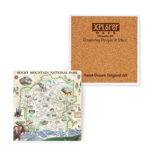 4"x4" Rocky Mountain National Park Ceramic Coasters. The map features illustrations of places like Trail Ridge Road, Mount Ganby, Estes Park, and the Alpine Visitor Center. Flora and fauna include bobcats, snowshoe hares, Indian paintbrushes, and wild roses.