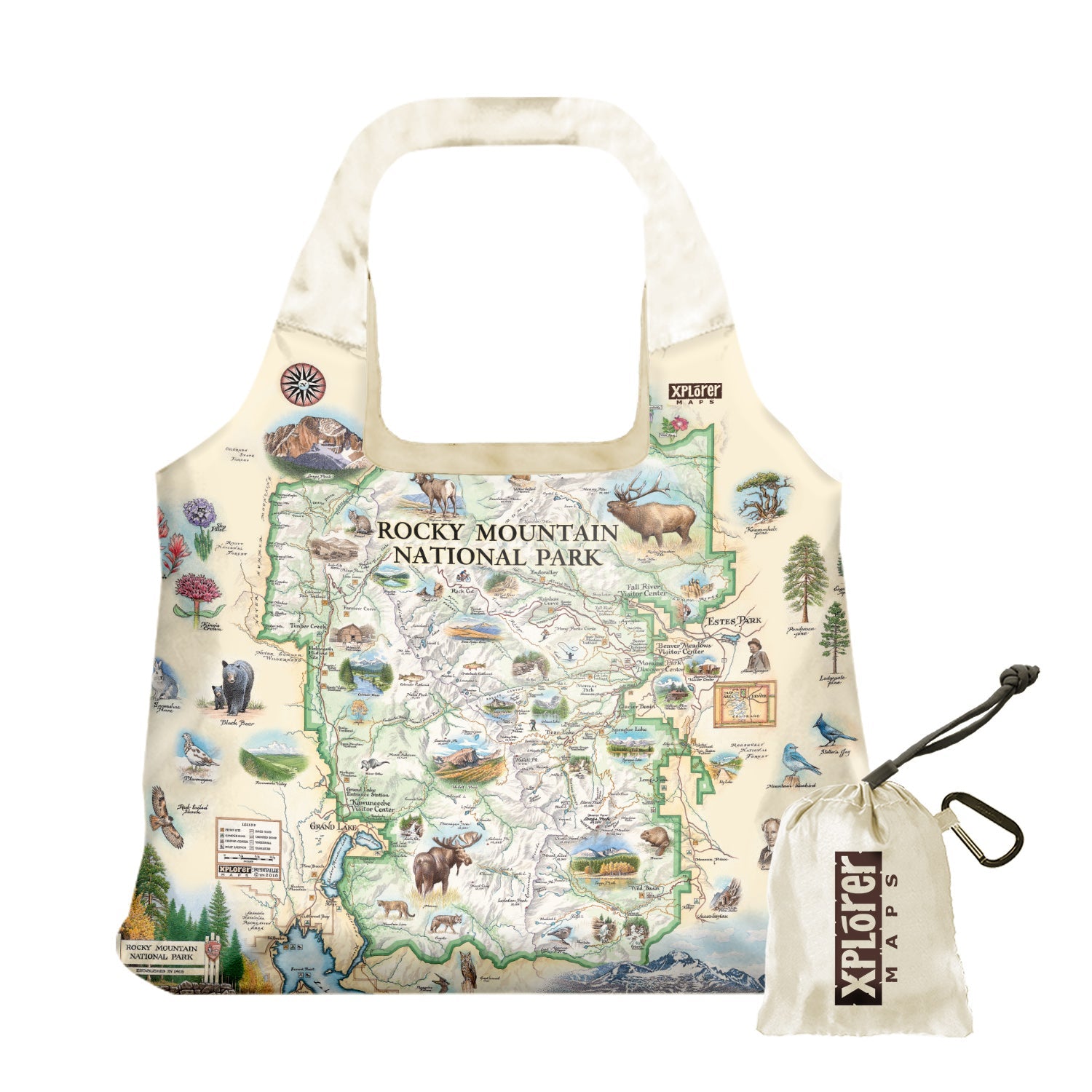 Rocky Mountain National Park Map Pouch Tote Bags by Xplorer Maps. The map features illustrations of places like Trail Ridge Road, Mount Ganby, Estes Park, and the Alpine Visitor Center. Flora and fauna include bobcats, snowshoe hares, Indian paintbrushes, and wild roses.