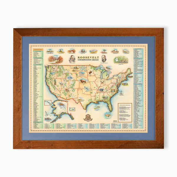 Roosevelt's USA Conservation Legacy hand-drawn map in earth tones blues and greens. The map print is framed in reclaimed Montana Flathead Lake Larch with a blue mat. 