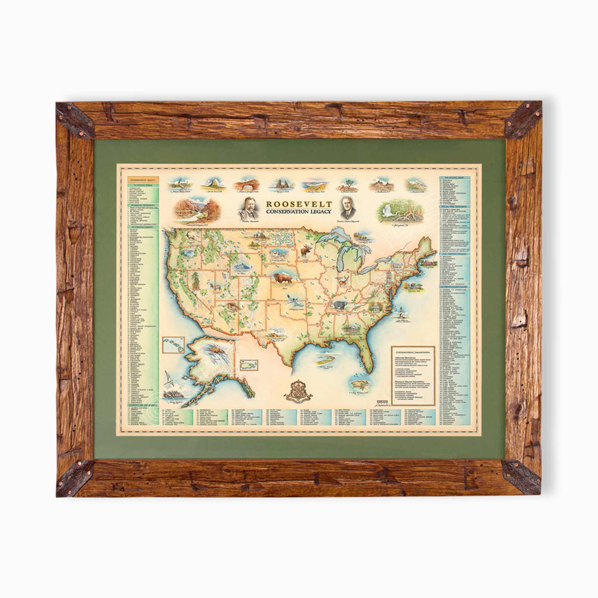 Roosevelt's USA Conservation Legacy hand-drawn map in earth tones blues and greens. The map print is framed in Montana hand-scraped pine with a green mat.