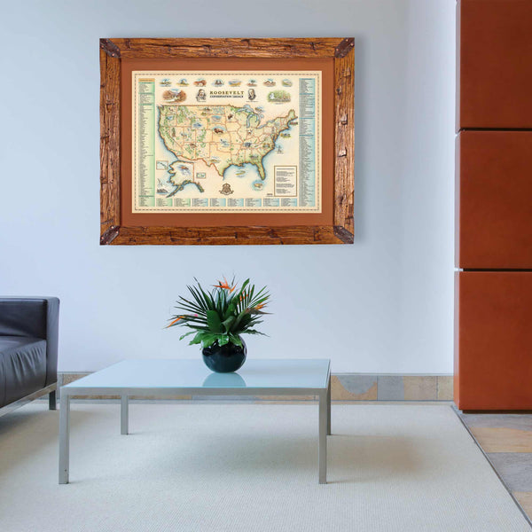 Roosevelt's USA Conservation Legacy hand-drawn  hanging in an office above a table with a plant. The map print is framed in Montana hand-scraped pine with a brown mat.