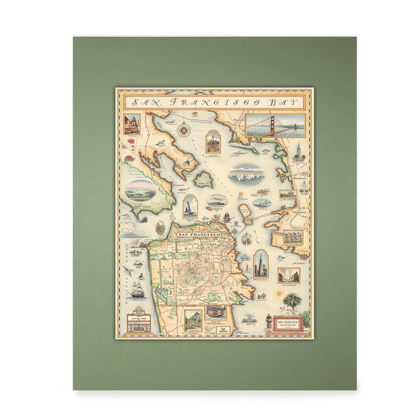 San Francisco Bay Mini-Map by Xplorer Maps in earth tones of beige, green, and blue earth tones. The map features illustrations of places such as Candlestick Park, Fisherman's Wharf, Transamerica Pyramid, and Alcatraz Island. Flora and fauna include octopus, crab, palm trees, and a dahlia.