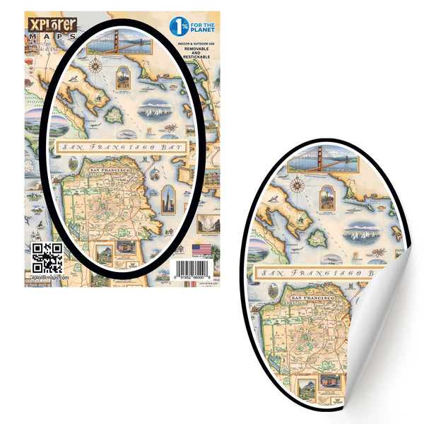 San Francisco Bay Map Sticker by Xplorer Maps. The map features illustrations of places such as Candlestick Park, Fisherman's Wharf, Transamerica Pyramid, and Alcatraz Island. Flora and fauna include octopus, crab, palm trees, and a dahlia. 